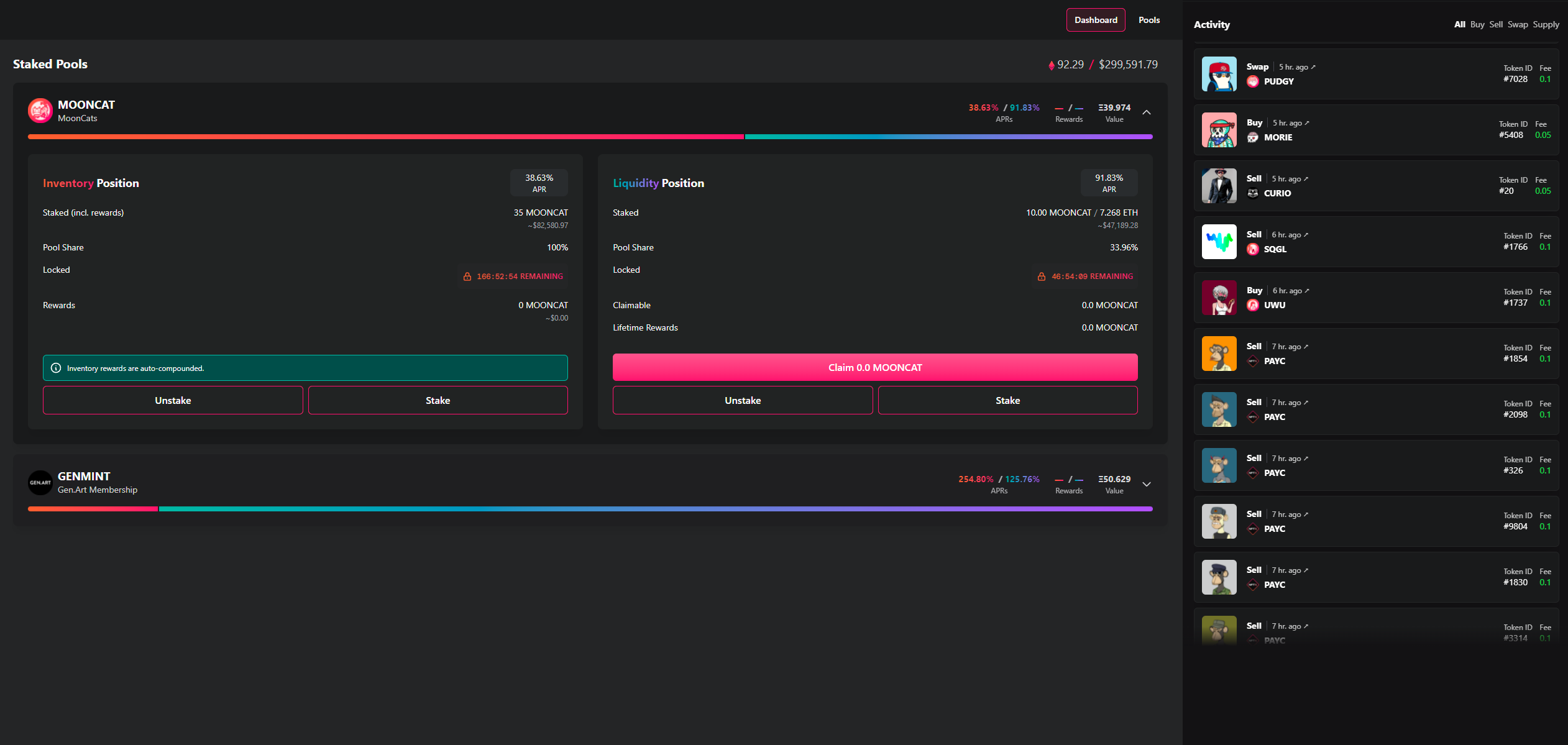 Inventory staking on NFTX Yield App